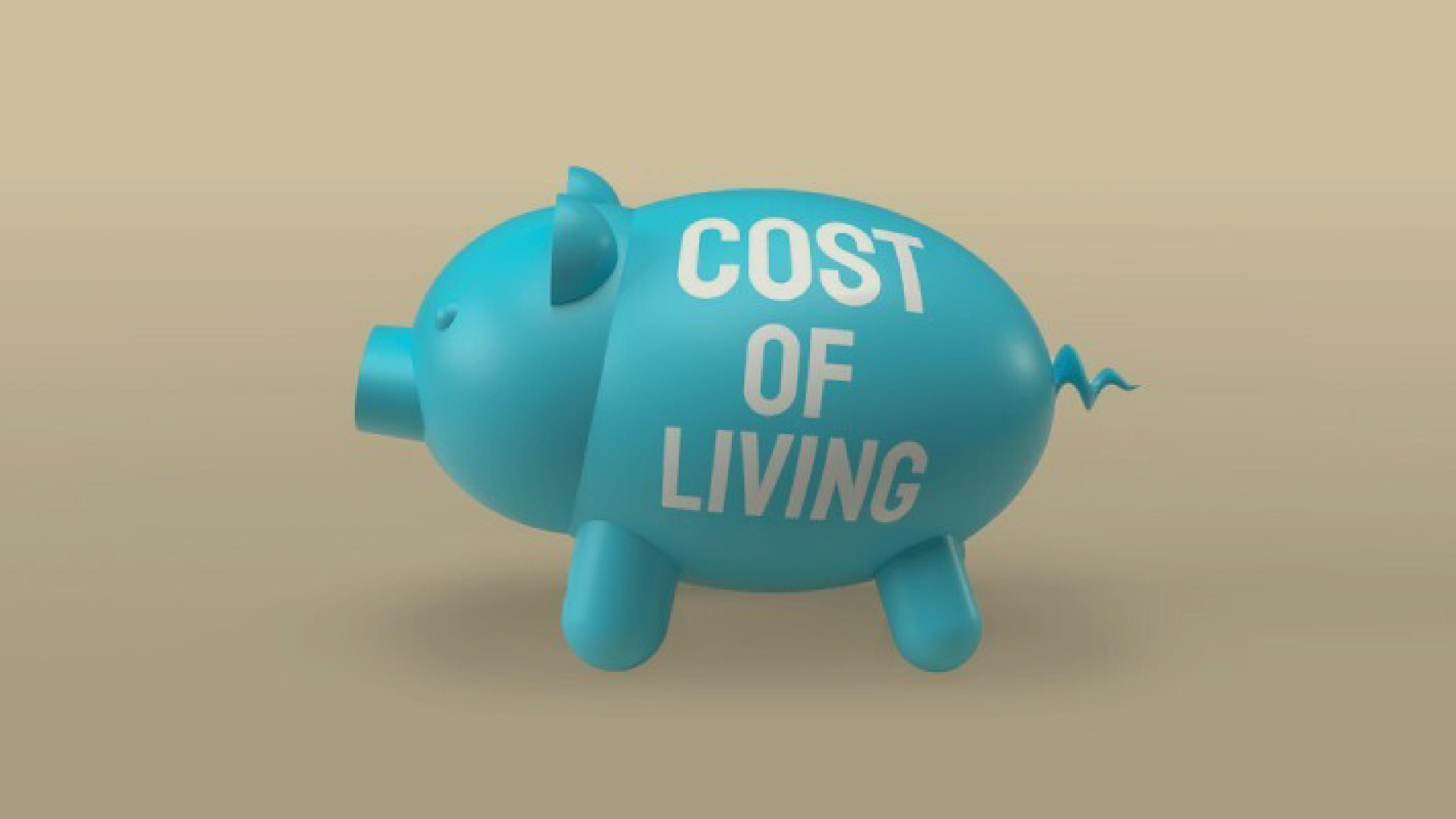 Cost of living text printed on a piggy bank